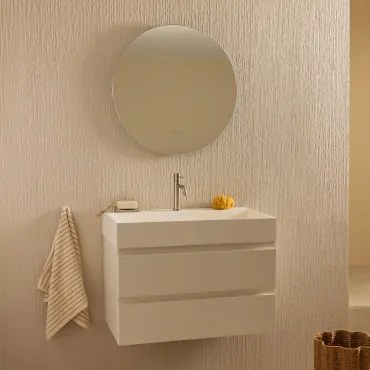 Badkamermeubelset Van Hout En Essenhoutfineer Met Geïntegreerde Wastafel Ona Wit & Round Led And Antifog Ø70 Cm Solyn & Geborsteld - Sklum
