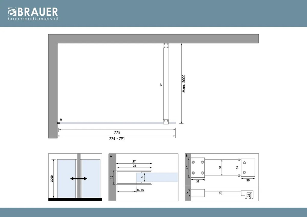 Brauer Oblivion inloopdouche helder glas 80cm zwart mat