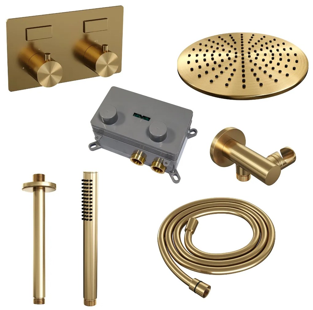 Brauer Gold Edition thermostatische inbouw regendouche met staafhanddouche, plafondarm en hoofddouche 30cm set 54 messing geborsteld PVD