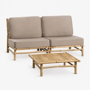 Tuinset Met 2-delige Modulaire Bank En Vierkante Salontafel 75x75 Cm Van Bamboe Isendra Mokka Bruine Stof - Sklum