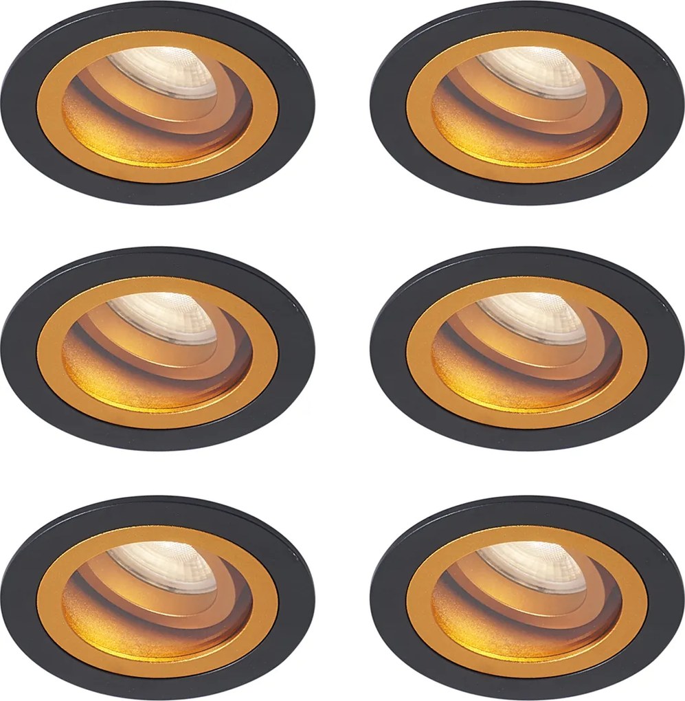 Set van 6 moderne inbouwspots zwart met goud draai- en kantelbaar IP44 - Chuck