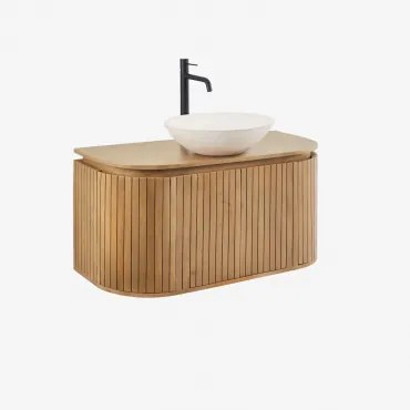 Mango Houten Badkamermeubelset Analis Natuurlijk Hout & Rond Cement Wit Ø40 Cm Zavion & Spiegelloze & Zwart ↑30 Cm Met - Sklum