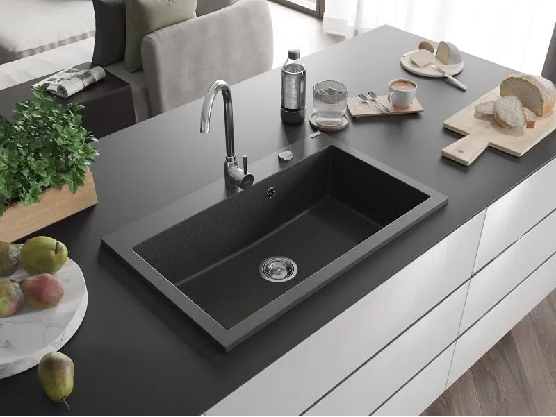 Mexen Elix granieten gootsteen 1-komorige 800 x 500 mm, zwart gespikkeld, sifon chroom - 6527801005-76