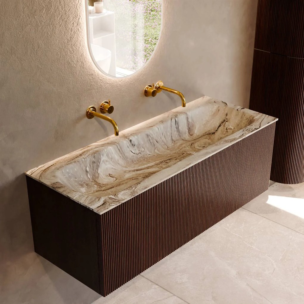 Mondiaz Kurve-dlux 120cm badmeubel ruby met 1 lade en wastafel big large midden zonder kraangat glace