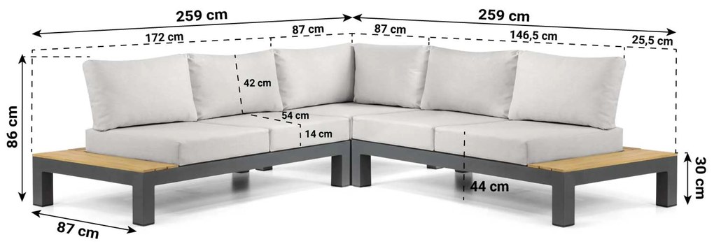 Loungeset 5 personen Aluminium/Teak Grijs Lifestyle Garden Furniture Vittoria