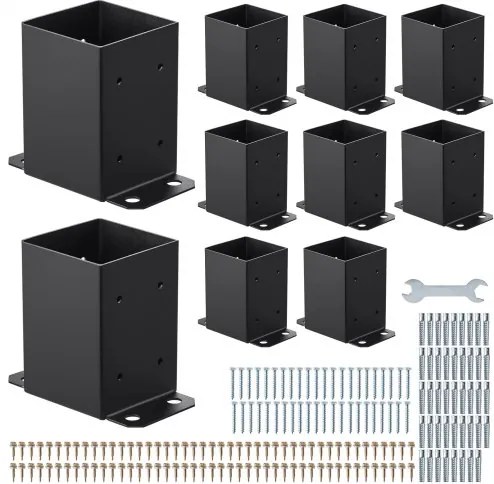 VEVOR 4x4 schroefhuls, 10 stuks, binnenmaat 91,44 x 91,44 mm, paalvoet, grondhuls van koolstofstaal, houten paalbeugels voor leuning van prieelpatio, steunplaat voor terras, zwart