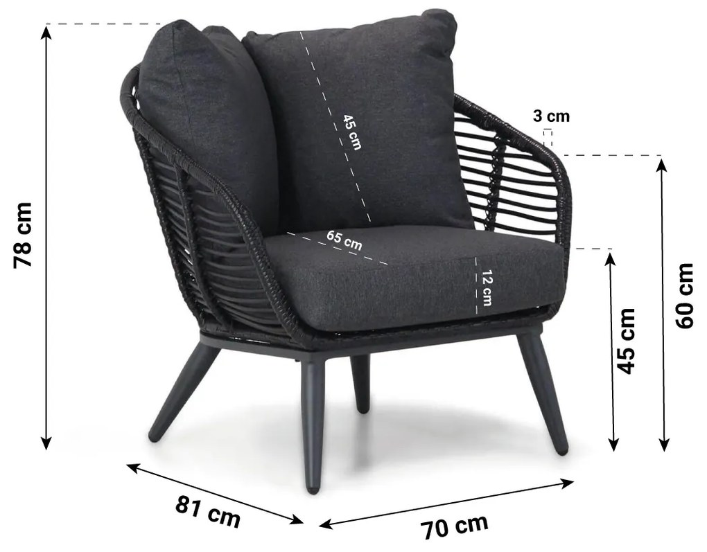 Stoel en Bank Loungeset 4 personen Aluminium/wicker Zwart  Coco Coco Leonardo