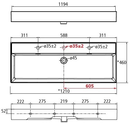 Muebles Veneto keramische wastafel 120x46cm met 1 kraangat wit