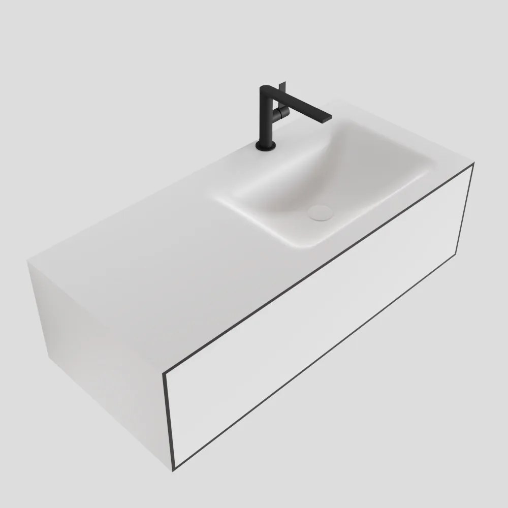 Zaro Lagom volledig naadloos solid surface onderkast 100cm mat zwart met 1 lade Push tot open. Compleet met solid surface wastafel met 1 kraangat(en)