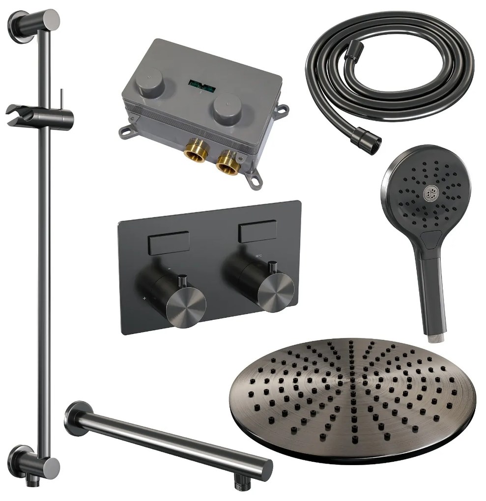 Brauer Gunmetal Edition thermostatische inbouw regendouche met 3 standen handdouche, rechte muurarm, glijstang en hoofddouche 30cm set 68 gunmetal geborsteld PVD