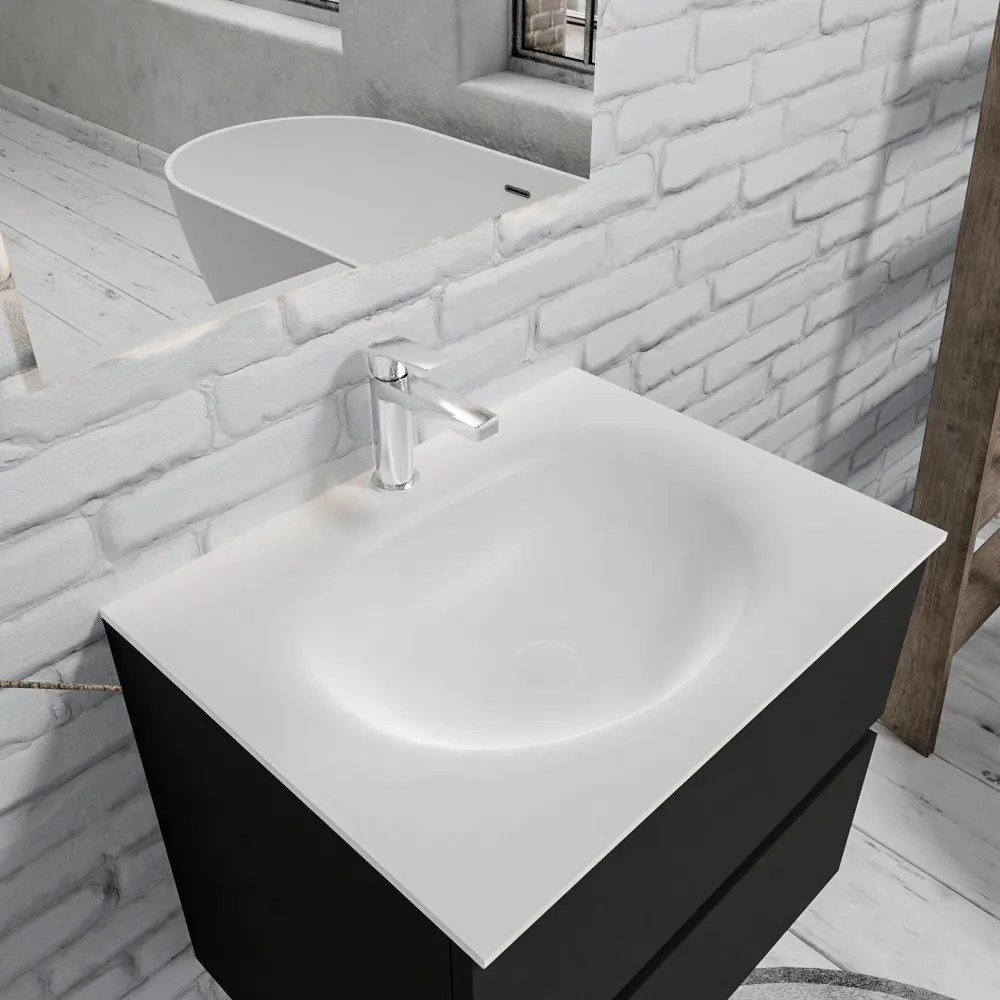 Zaro Sevilla Solid Surface badmeubel 60cm mat zwart 1 kraangat met 2 lades