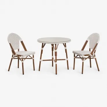 Brielle Bistro Ronde Tafelset, Ø80 Cm, En Twee Stapelbare Tuinstoelen Van Aluminium En Synthetisch Rotan. Naakt Beige - Gardenia Wit - Sklum