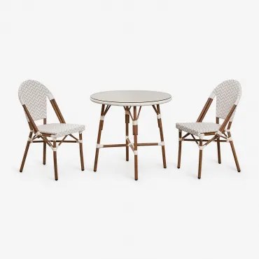 Set Ronde Tafel Ø80 Cm En 2 Stapelbare Tuinstoelen In Aluminium En Kunststof Rotan Brielle Bistro Gardenia Wit - Naakt Beige - Sklum