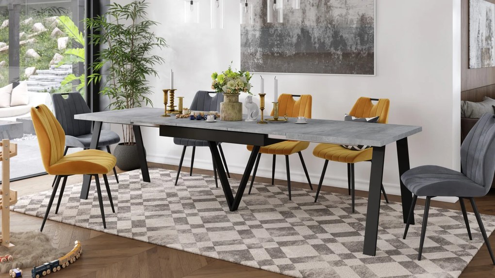 AVERY Beton Millenium/onderkant zwart - LOFT/INDUSTRIËLE TAFEL VOOR WOONKAMER/EETKAMER UITKLAPBAAR TOT 290 cm!