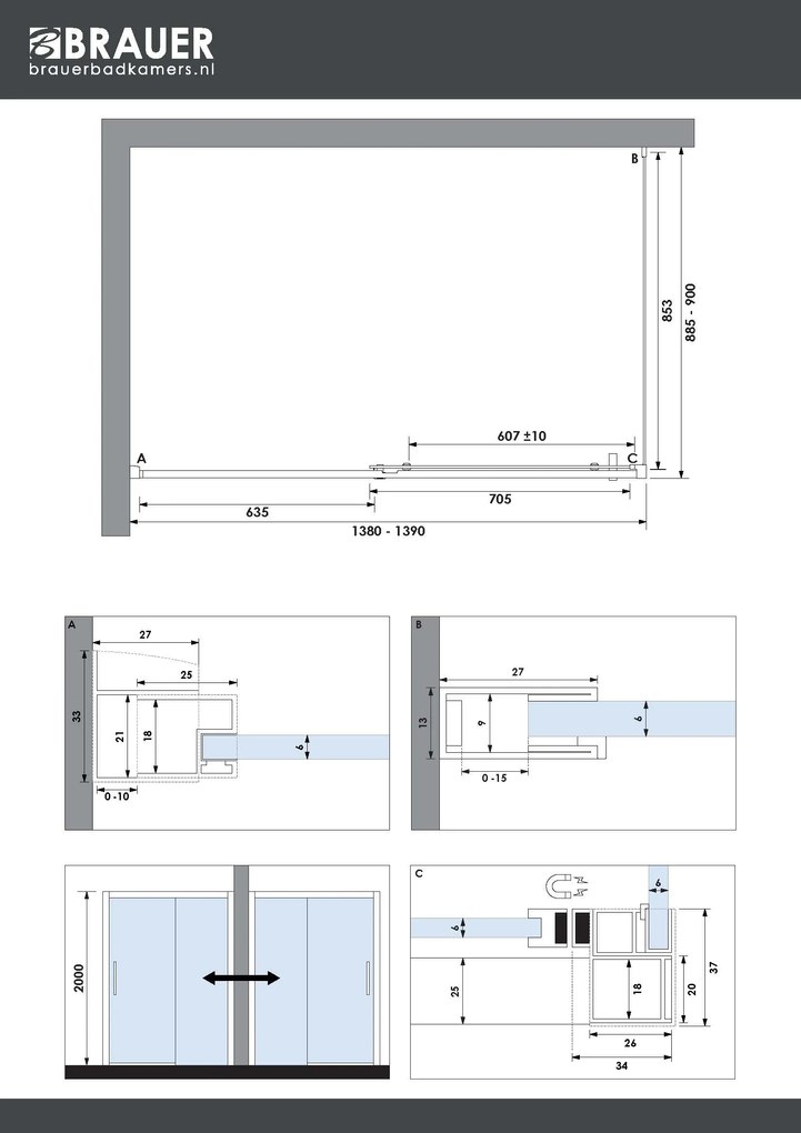 Brauer Season douchecabine met schuifdeur 140x90cm koper
