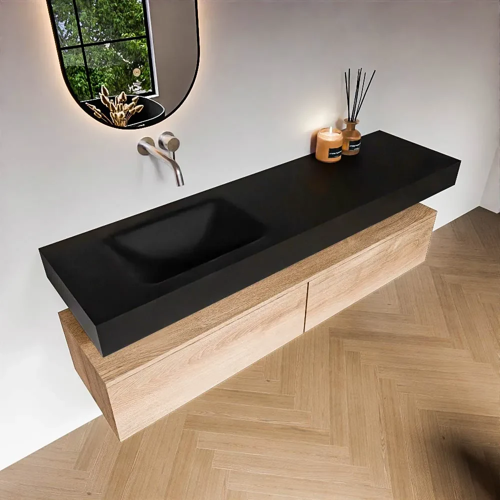 Zaro Alan badmeubel 170cm washed oak 2 lades met vrijhangende wastafel cloud links zonder kraangat urban