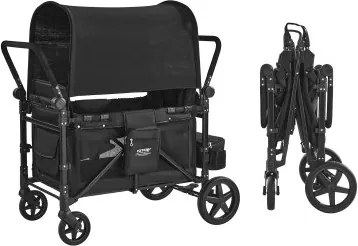 VEVOR 4-persoons kinderwagen, opvouwbare duw- en trekbuggy met verstelbare handgreep, 5-punts veiligheidsgordel en afneembare zonnekap, campingwagen, zwart (draagvermogen 150 kg)