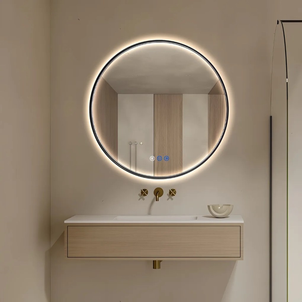 Saniclear Circle Black ronde spiegel met verwarming, direct en indirect licht mat zwart 70cm