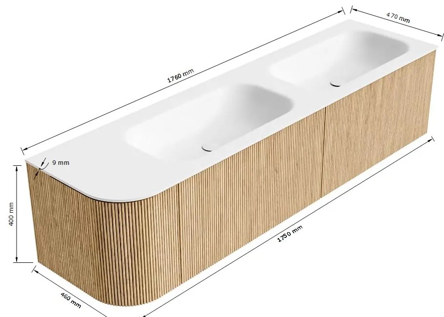 Mondiaz Kurve 175cm badmeubel ronding links oak met 2 lades en 1 deur en wastafel big small dubbel/rechts zonder kraangat urban