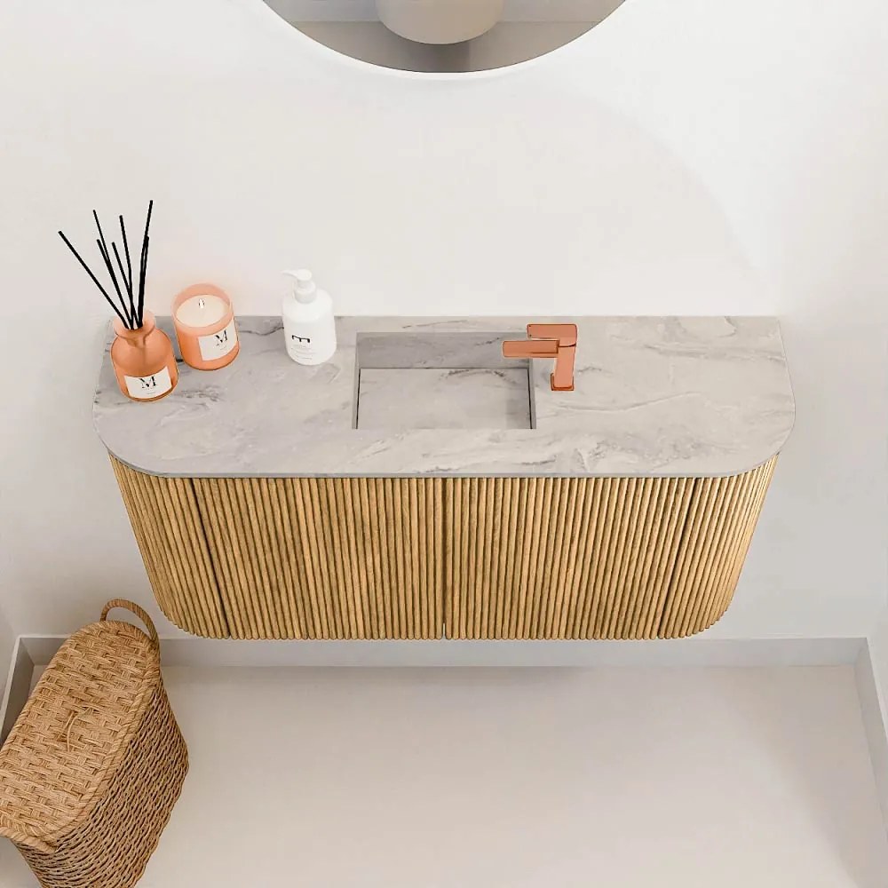 Mondiaz Joya DLux 85cm toiletmeubel ronding links/rechts oak met wastafel faye midden 1 kraangat glace