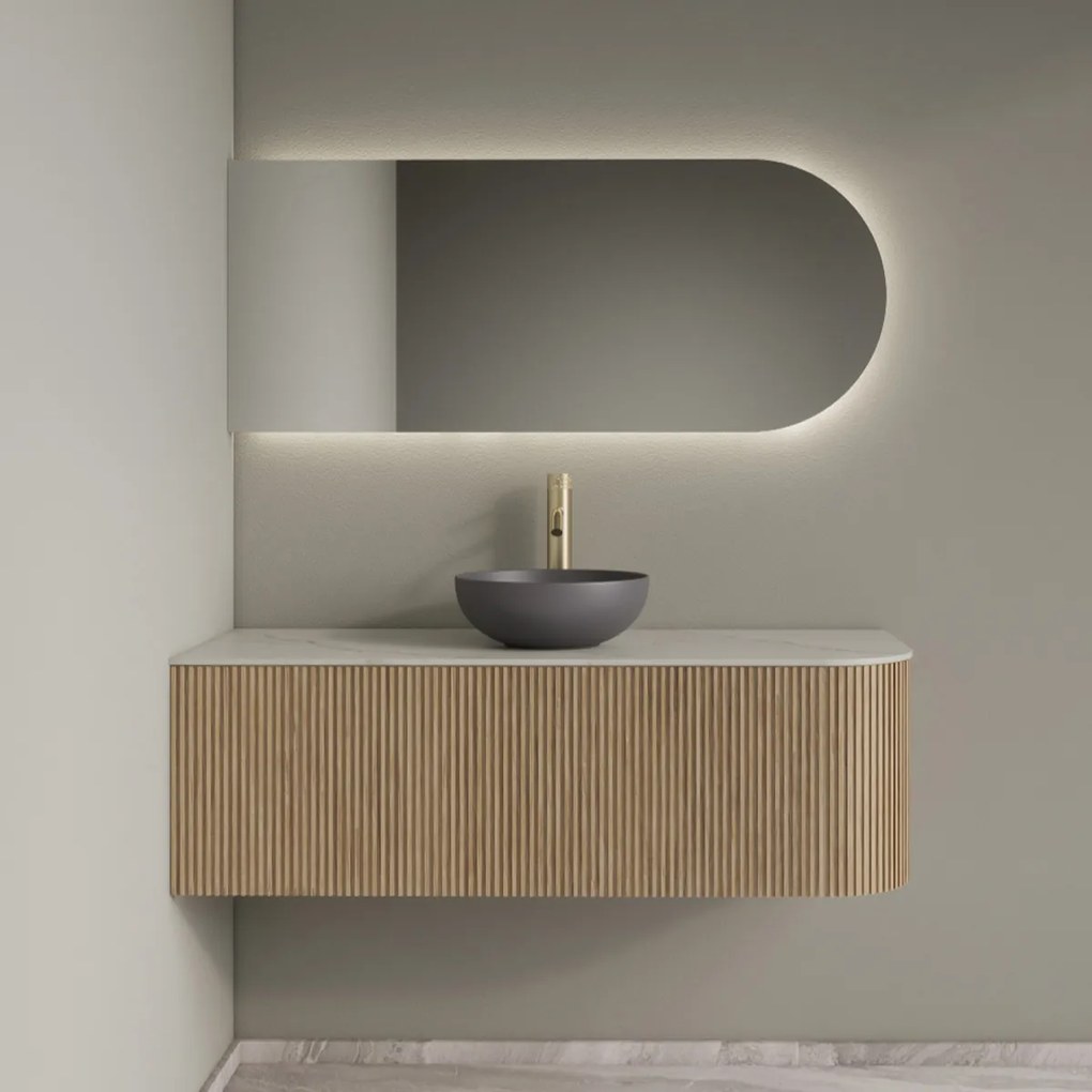 Gliss Design Alluro badmeubel ribbelfront met ronding rechts 120cm mist en wit marmer toppaneel