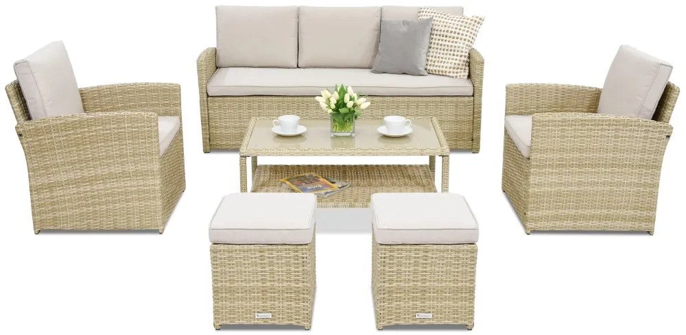 Monaco Coffee 5 tuinmeubelen + 2 Garden Point poefs beige