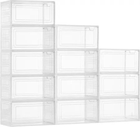 VEVOR Schoenenopbergdozen Stapelbare schoenendozen (12 stuks) Geschikt voor schoenen tot maat 13, schoenenorganizer met magnetische deur voor het opbergen van hoge hakken, laarzen en hoeden, transparant + wit