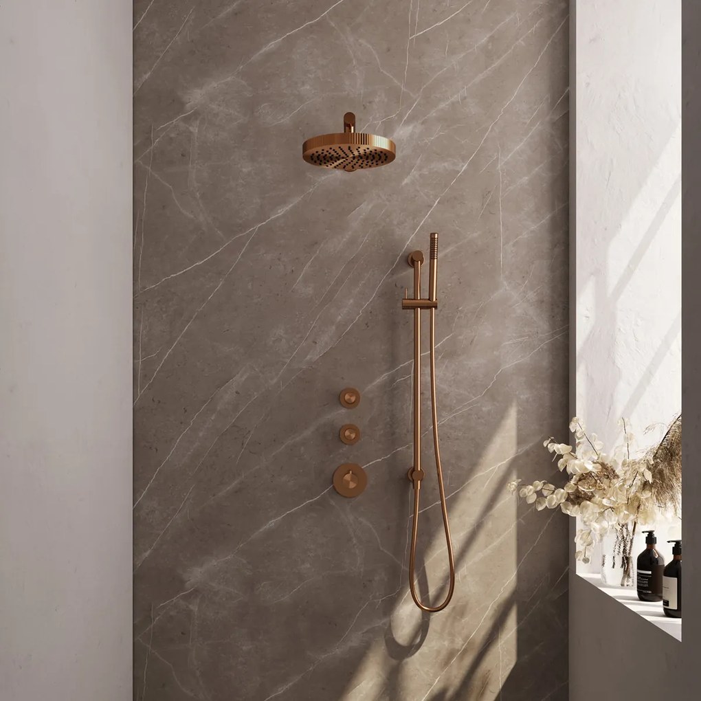 Brauer Stripe inbouw regendouche met 25cm hoofddouche, rechte muurarm, staafhanddouche en glijstang set 7 koper geborsteld PVD