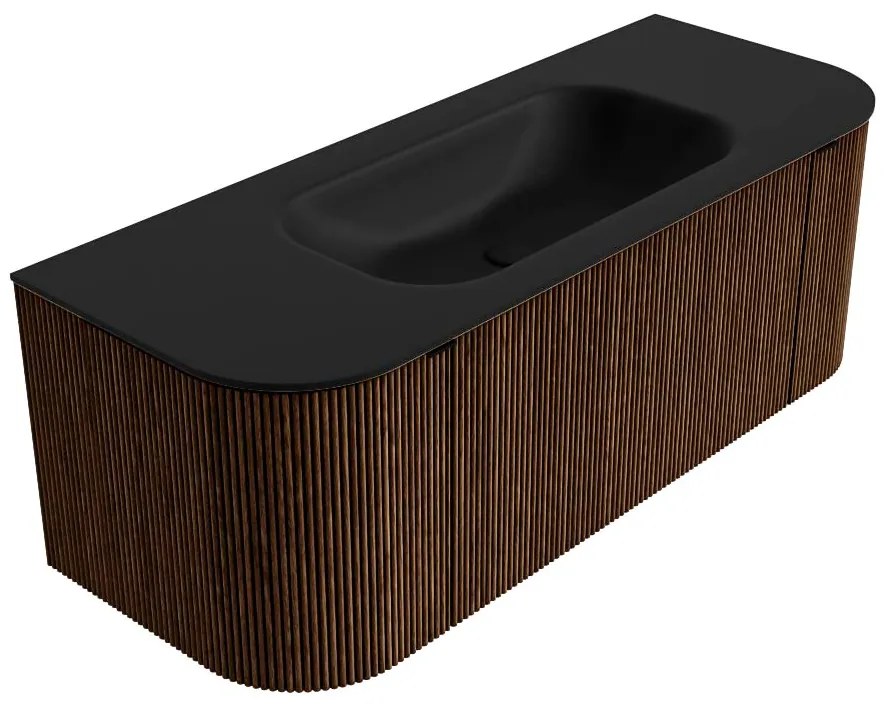 Mondiaz Kurve 120cm badmeubel ronding links/rechts walnut met 1 lade en 2 deuren en wastafel big small midden 1 kraangat urban