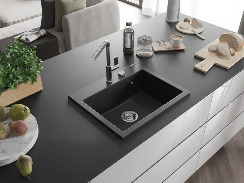 Mexen Oscar granieten gootsteen 1-komorig 580 x 490 mm, zwart, sifon chroom - 6519581000-77