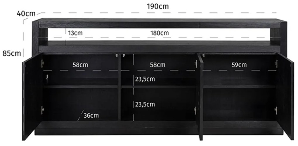 Richmond Interiors Oakura Dressoir Zwart Eiken 190 Cm - 190x40x85cm.