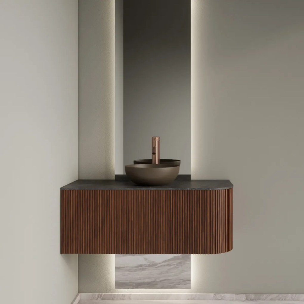 Gliss Design Alluro badmeubel ribbelfront met ronding rechts 100cm walnut en zwart leisteen toppaneel