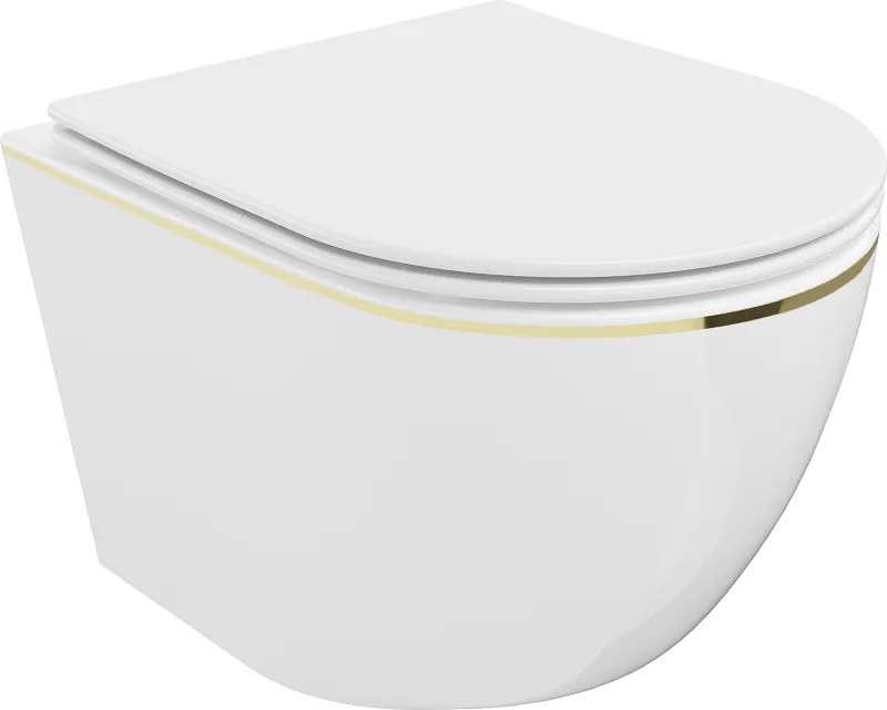 Mexen Lena Rimless wc-pot met langzaam sluitende slanke zitting, duroplast, wit/gouden lijn - 30224005