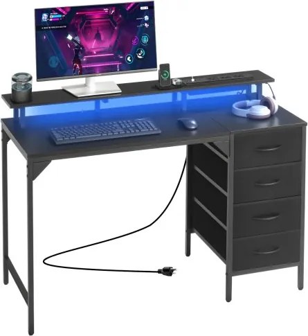 VEVOR Computerbureau, Kantoortafel, Bureau met Slimme LED-verlichting en Stopcontacten, Werktafel met 4 Grote Laden en Monitorstandaard, Studeerkamer Woonkamer Thuiskantoor Zwart