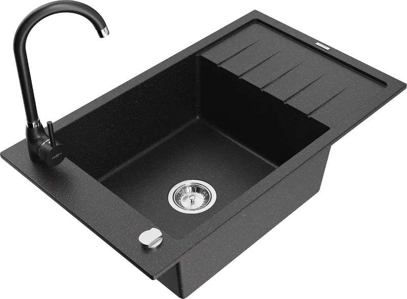 Mexen Elias granieten spoelbak 1-komerig met afdruiprek en keukenkraan Telma, zwart/zilver - 6511-73-670200-70