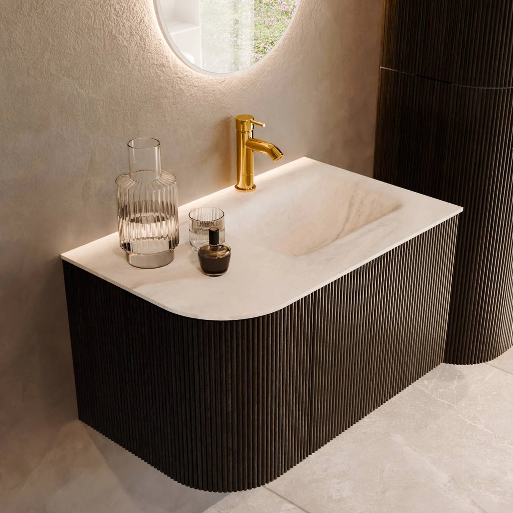 Mondiaz Kurve-dlux 75cm badmeubel ronding links shadow met 1 lade en deur en wastafel grunne kraangat rechts ostra