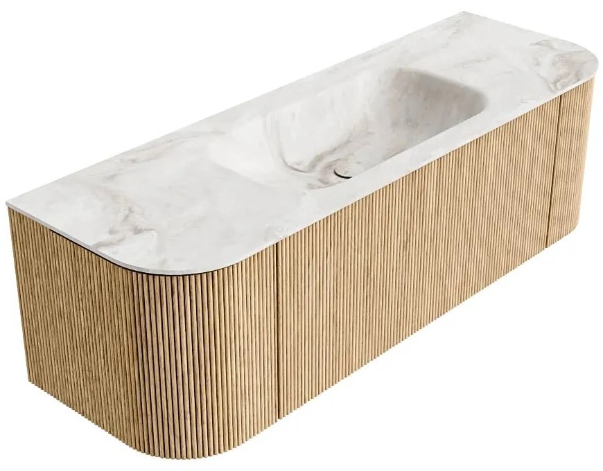Mondiaz Kurve-dlux 140cm badmeubel ronding links/rechts oak met 1 lade en 2 deuren en wastafel big small midden 1 kraangat frappe