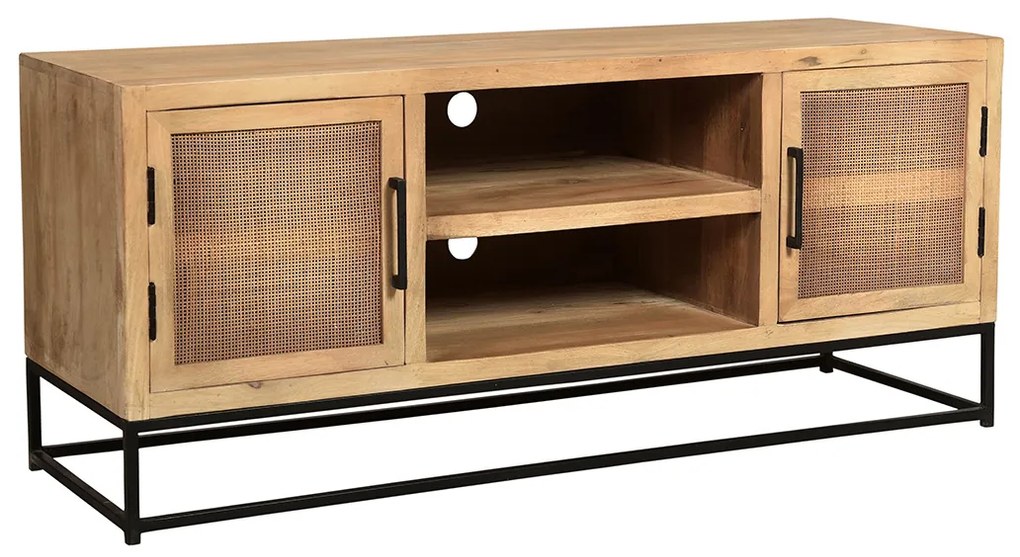 Tv-meubel Naturel Mangohout En Rotan - 129x40x55cm.