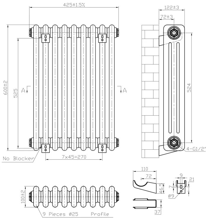 Eastbrook Imperia 3 koloms radiator 40x60cm 850W wit glans