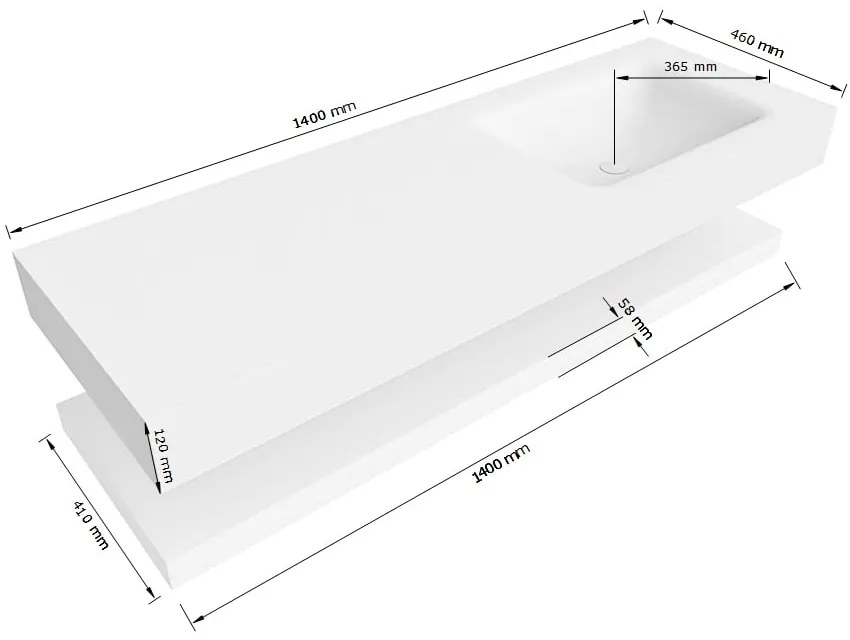 Zaro Alan badmeubel 140cm met planchet talc en vrijhangende wastafel cloud rechts 1 kraangat urban
