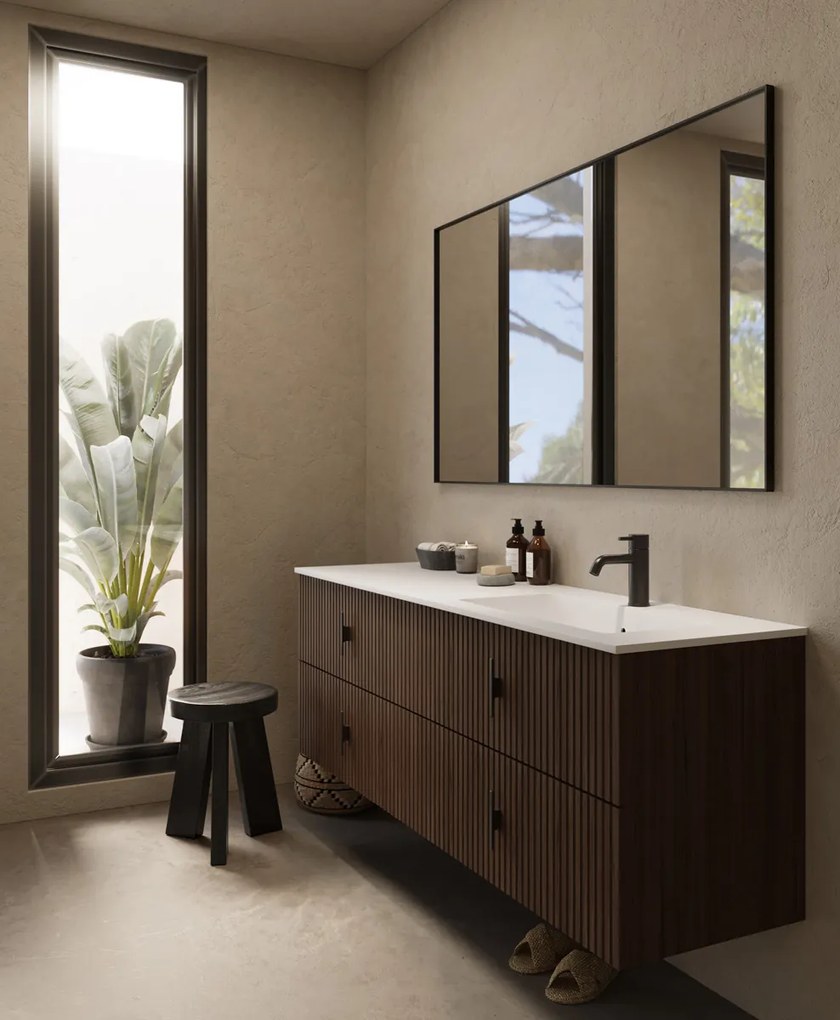 Muebles Avila badmeubel ribbelfront 160cm walnoot met wastafel rechts met kraangat