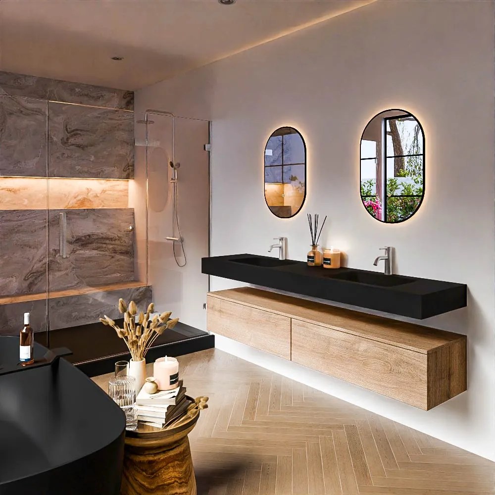 Zaro Alan badmeubel 190cm washed oak 2 lades met vrijhangende wastafel cloud dubbel 2 kraangaten urban
