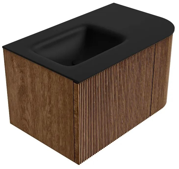 Mondiaz Kurve 75cm badmeubel ronding rechts walnut met 1 lade en deur en wastafel grunne kraangat links urban