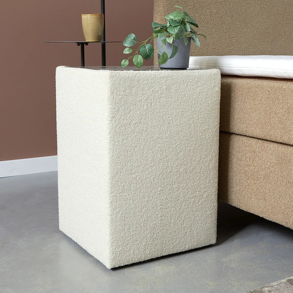 Boucle Stof Nachtkastje Creme - 40x40x58cm.