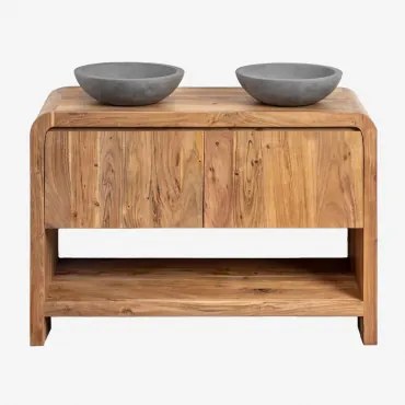 Vacry Houten Badkamermeubelset Acacia Bruin & 2 X Ronde Grijze Cement Ø40 Cm Tarsis & Spiegelloze & Zonder Kraan & ↔︎ 120 Cm - Sklum