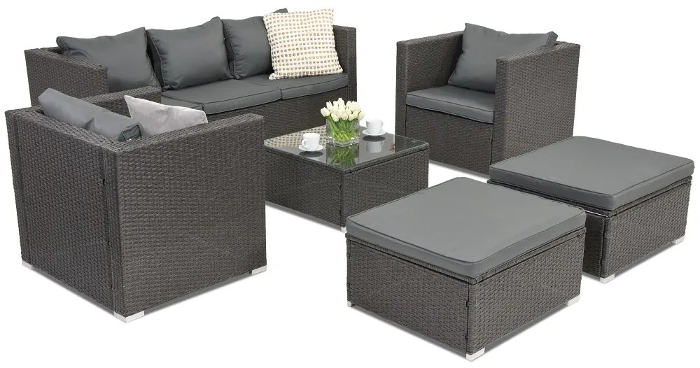 Garden Point antraciet technorattan tuinmeubelen Roma Coffee 5 + 2 poefs