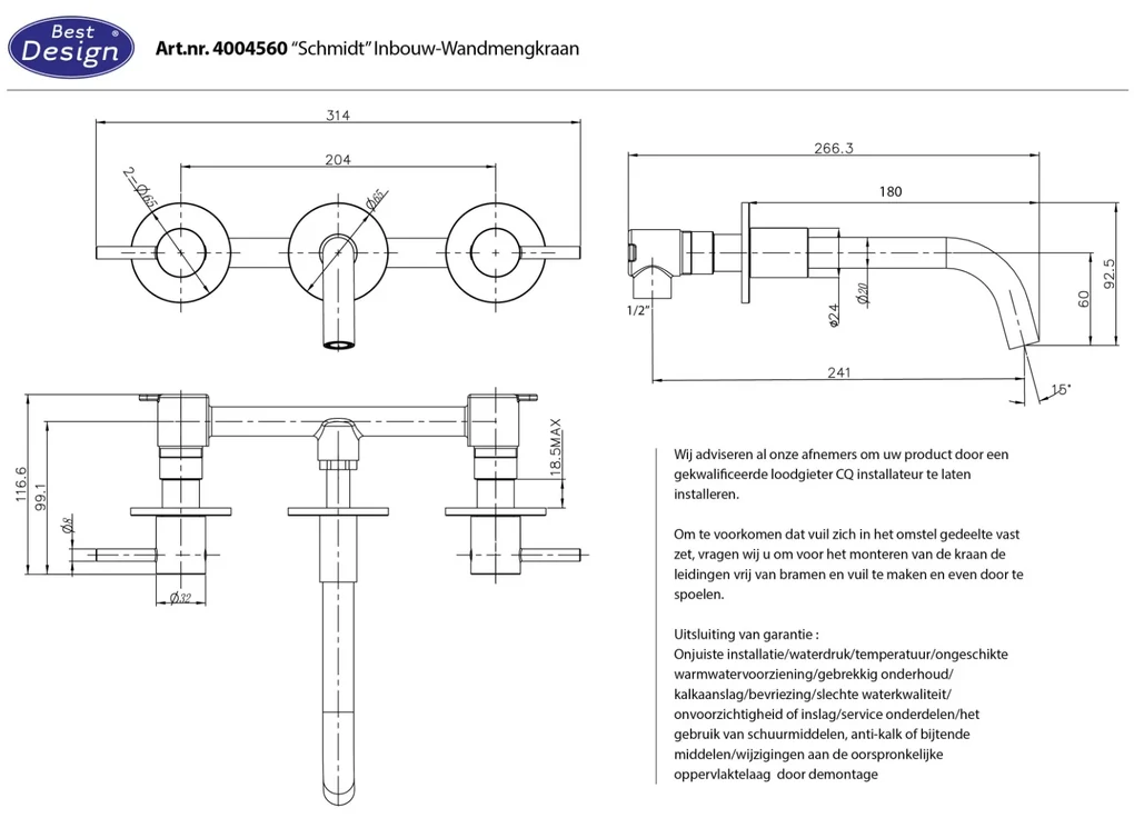 Best Design Smidt inbouw wastafelkraan 3-gats chroom