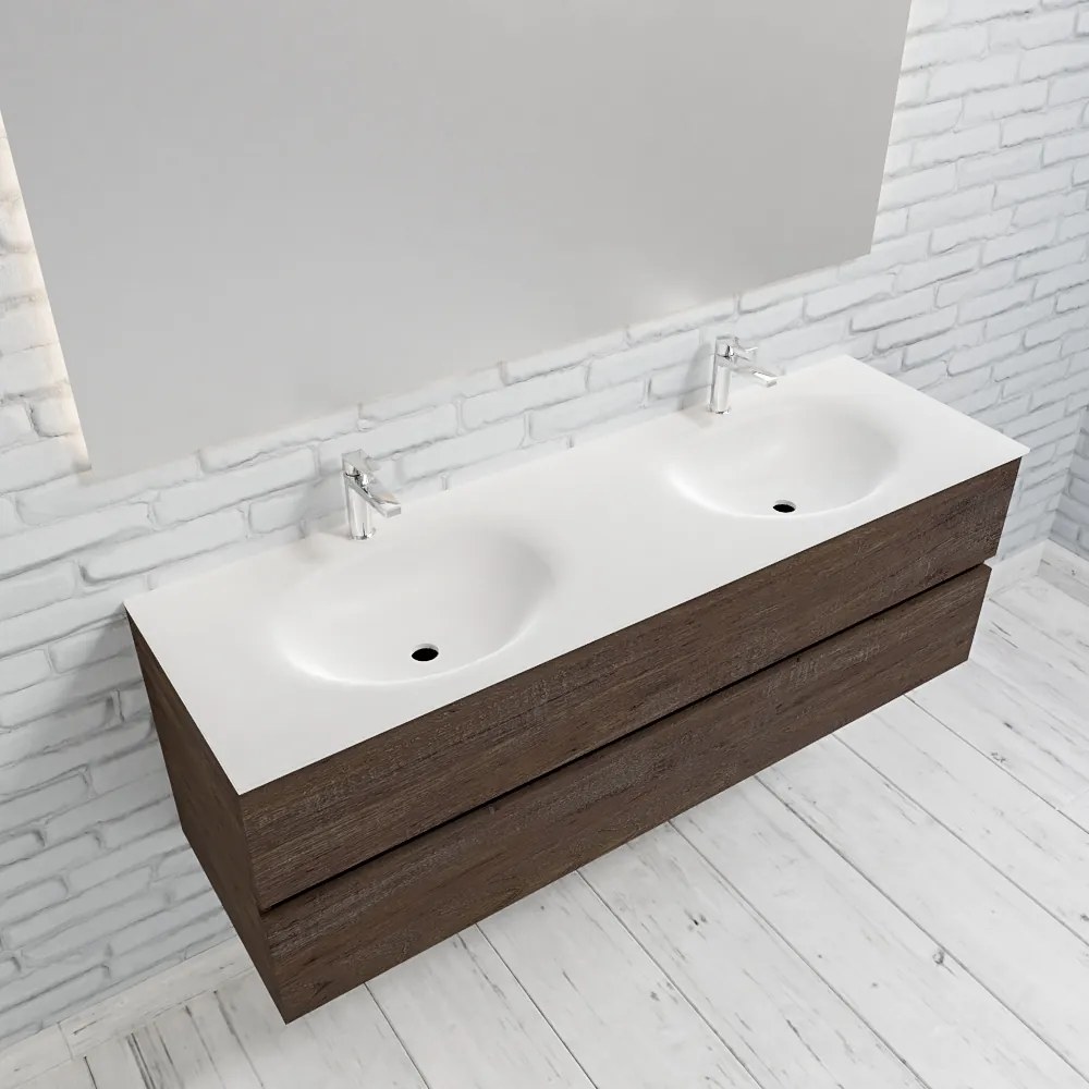 Zaro Sevilla Solid Surface badmeubel 150cm donker eiken 2 kraangaten dubbele spoelbak met 2 lades