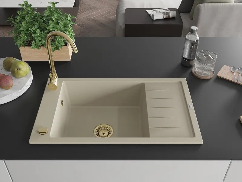 Mexen Elias granieten spoelbak met 1 kom en afdruiprek 795 x 480 mm, beige, gouden sifon - 6511791005-69-G