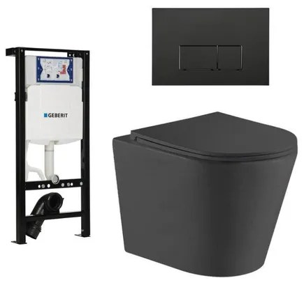 QeramiQ Dely Toiletset - 36.3x51.7cm - diepspoel - rimless - Geberit UP320 plieger inbouwreservoir - softclose toiletzitting - mat zwarte bedieningsplaat - rechtehoekige knoppen - zwart mat SW1026253/SW1381697/SW706193/SW1000768